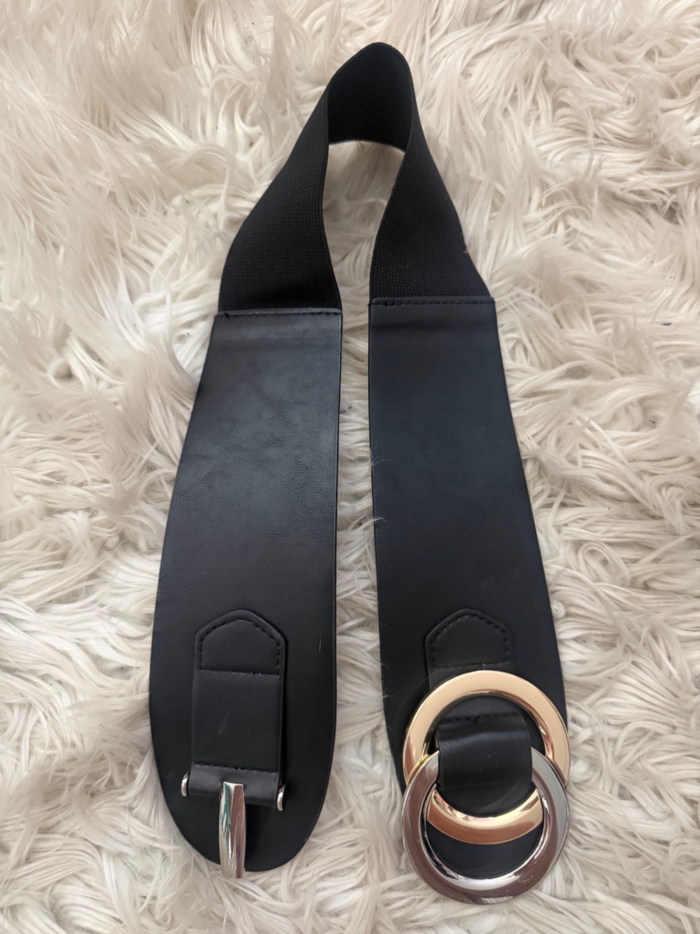 Black Wide Elastic Belt with Gold and Silver Rings